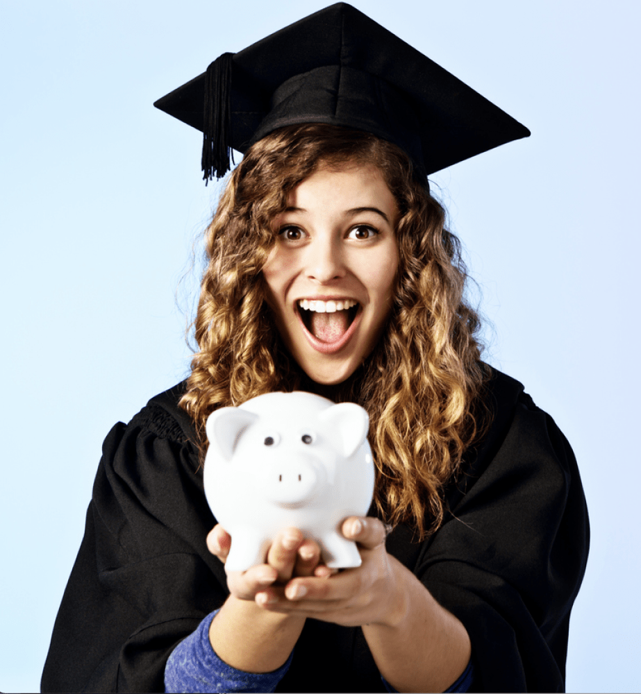 Student holding a money piggy with funds collected for college