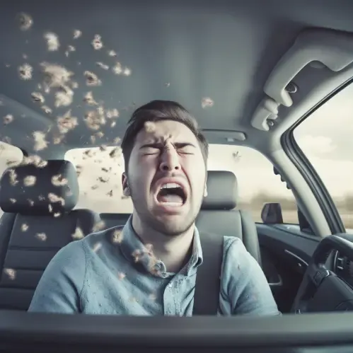 A driver in a car experiencing spring allergies